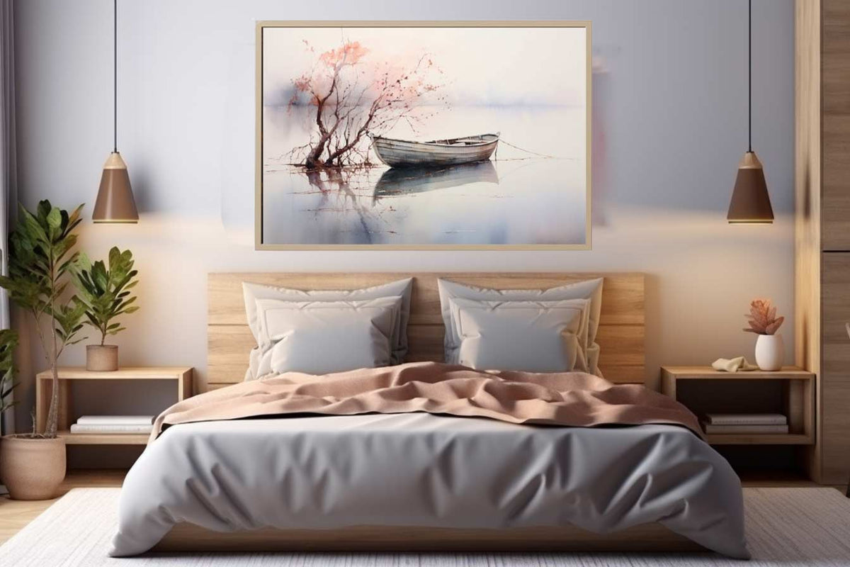 Soft watercolor boat artwork with blush tree branches and reflections for serene coastal bedroom wall decor.