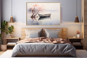 Soft watercolor boat artwork with blush tree branches and reflections for serene coastal bedroom wall decor.