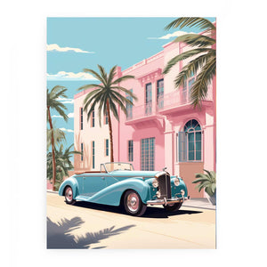 Vintage tropical car wall art with turquoise convertible, pink palace and palm trees for stylish room decor.