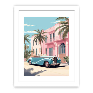 Vintage tropical car wall art with turquoise convertible, pink palace and palm trees for stylish room decor.