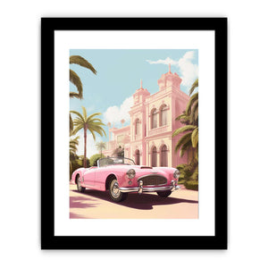 Pink vintage convertible wall art with tropical palace, palm trees and blue sky for glamorous room decor.