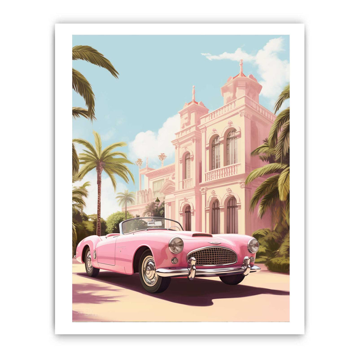 Pink vintage convertible wall art with tropical palace, palm trees and blue sky for glamorous room decor.