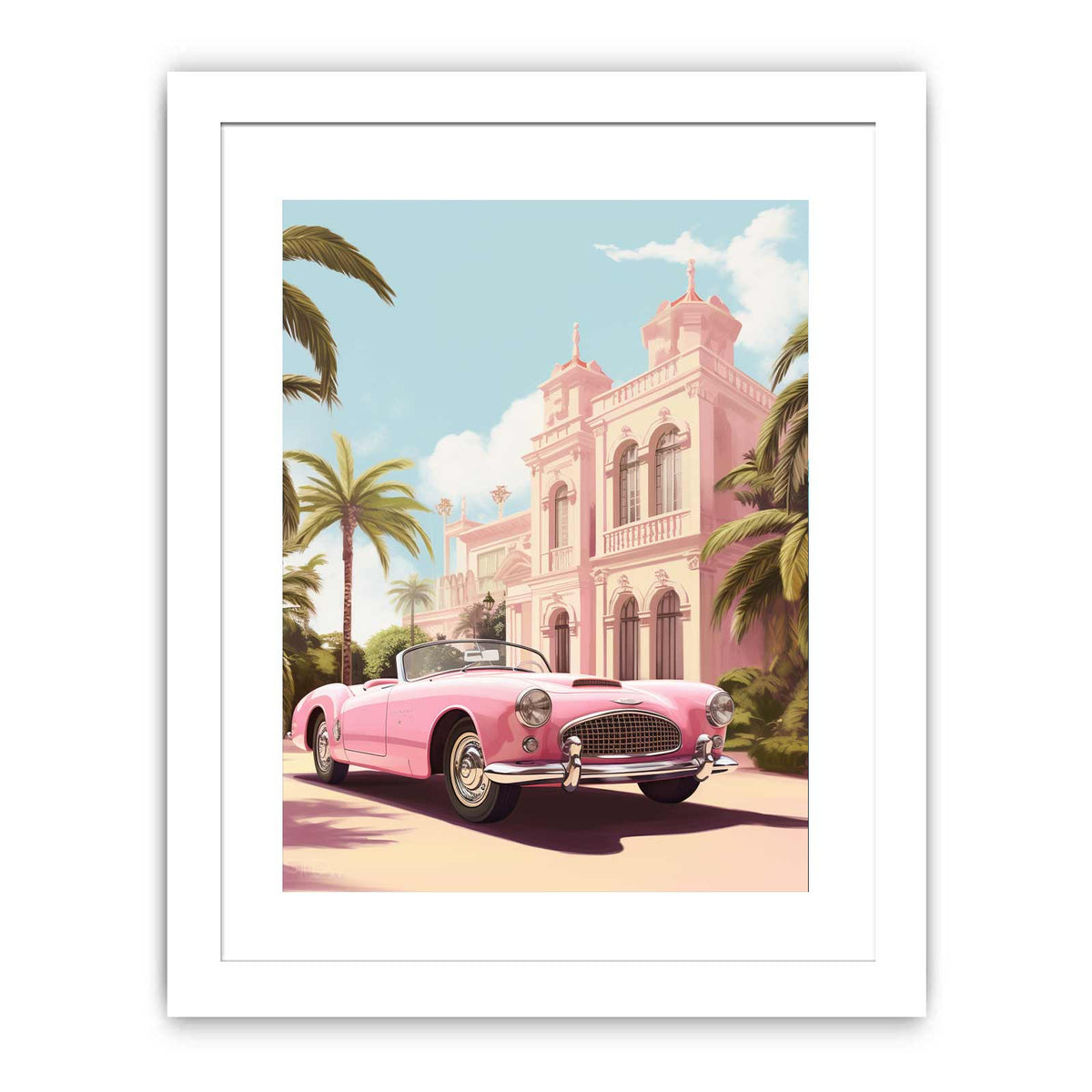 Pink vintage convertible wall art with tropical palace, palm trees and blue sky for glamorous room decor.