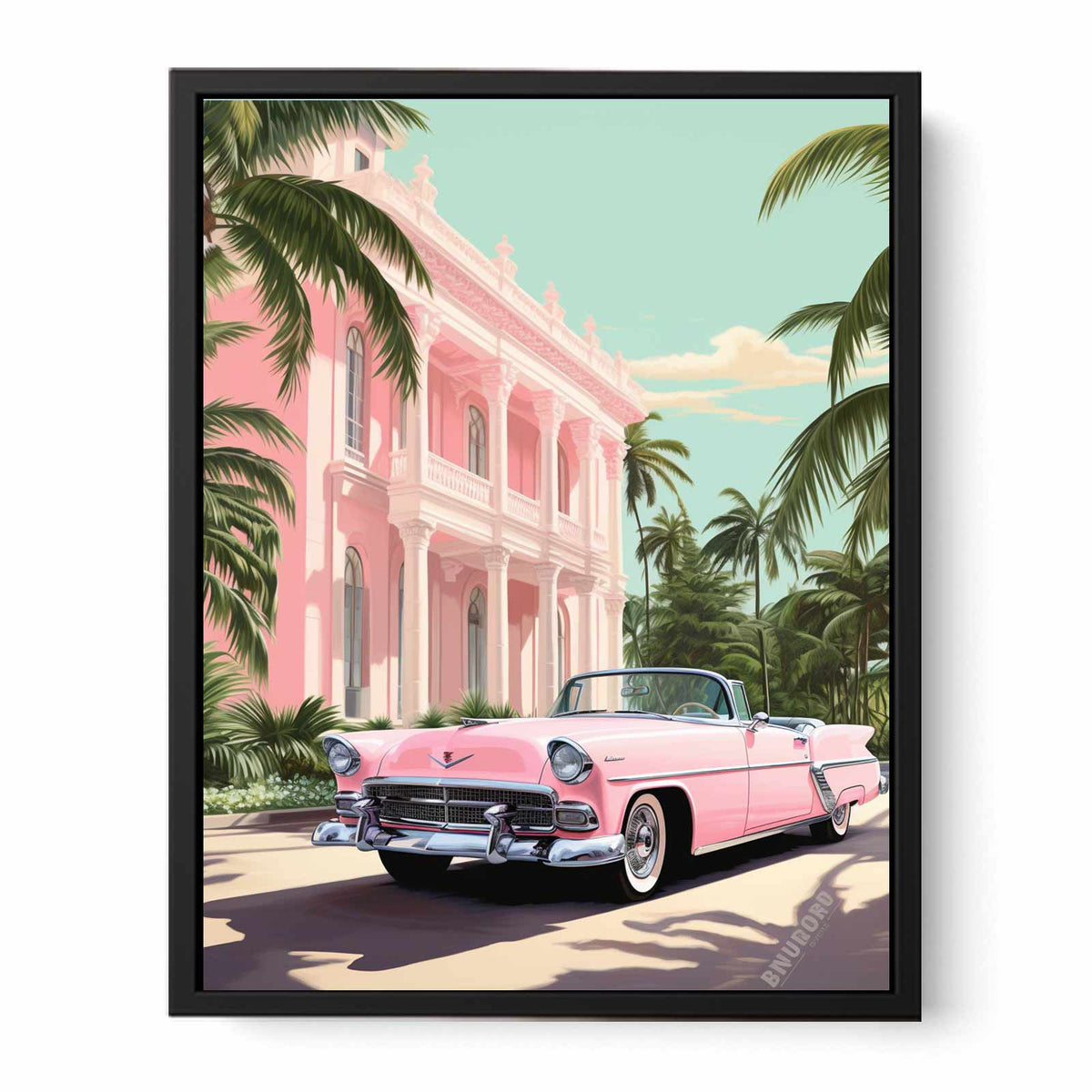 Pastel pink classic car canvas art with tropical mansion and palm trees for stylish vintage room decor.