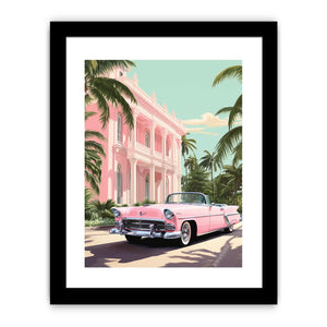 Pastel pink classic car canvas art with tropical mansion and palm trees for stylish vintage room decor.