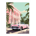 Pastel pink classic car canvas art with tropical mansion and palm trees for stylish vintage room decor.