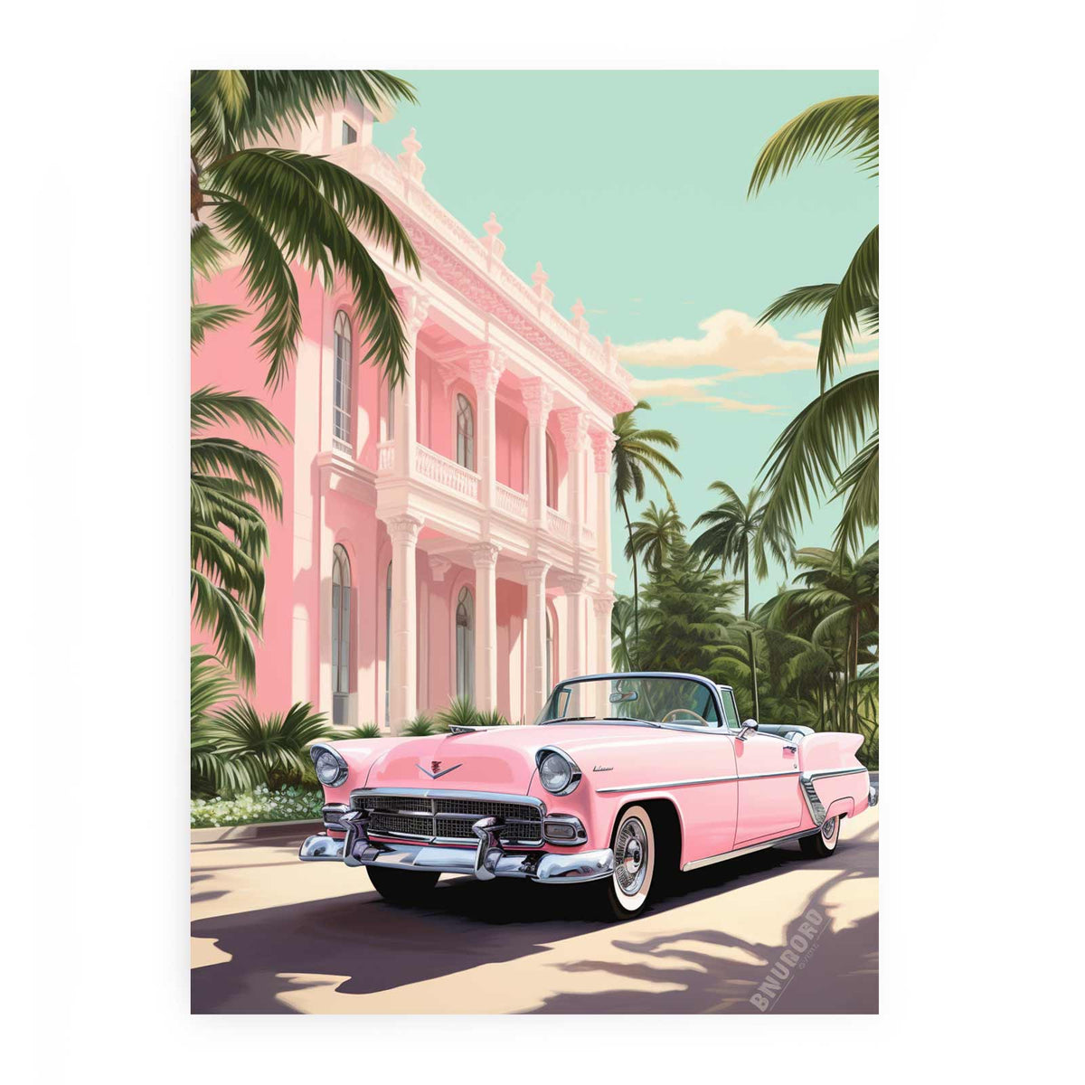 Pastel pink classic car canvas art with tropical mansion and palm trees for stylish vintage room decor.