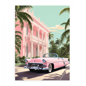Pastel pink classic car canvas art with tropical mansion and palm trees for stylish vintage room decor.