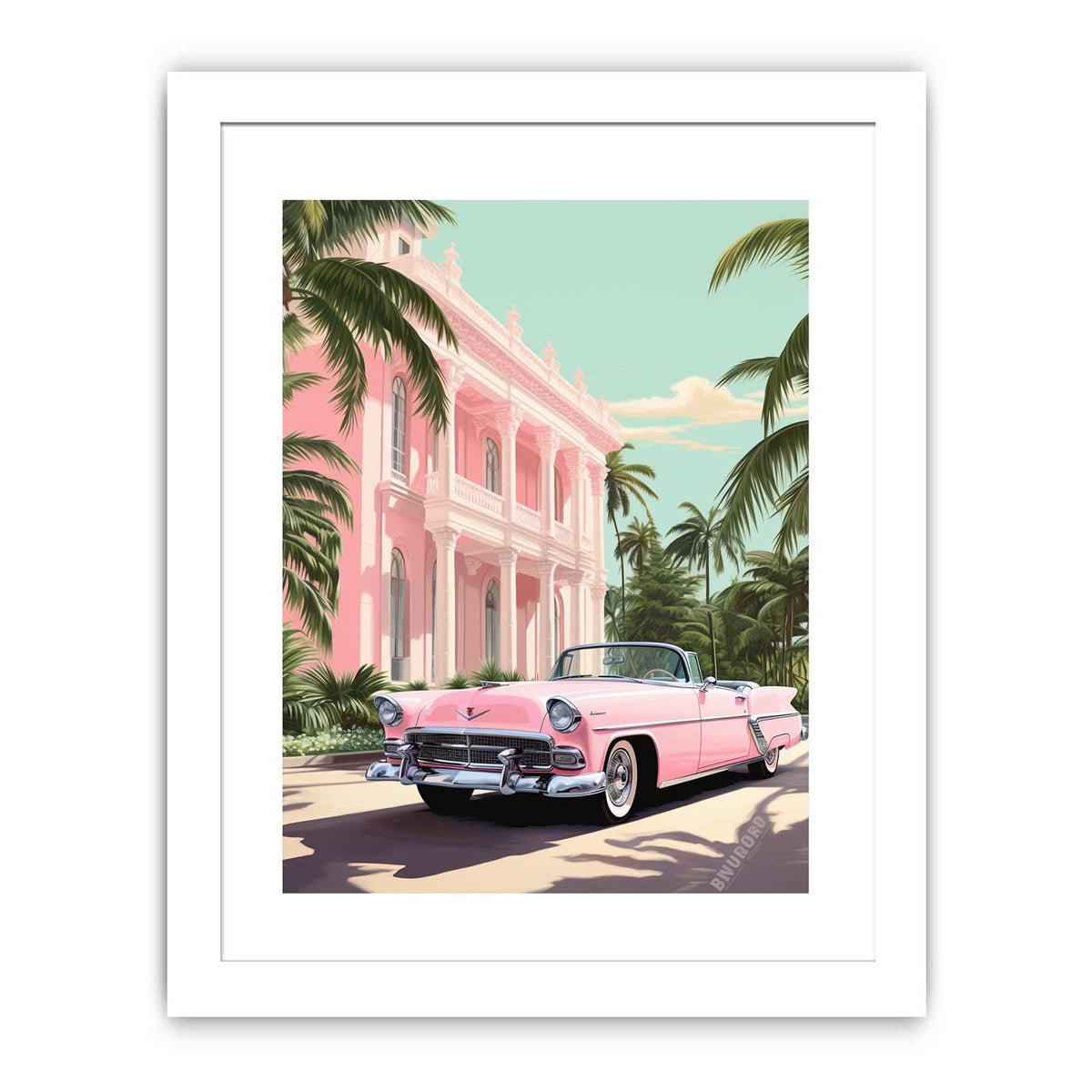Pastel pink classic car canvas art with tropical mansion and palm trees for stylish vintage room decor.