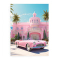 Pink convertible canvas art with blush palace, palm trees and resort glamour for bold modern room decor.