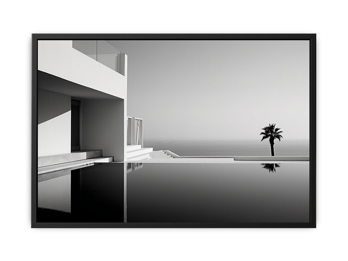 Minimal black and white coastal villa canvas art for modern living room decor.