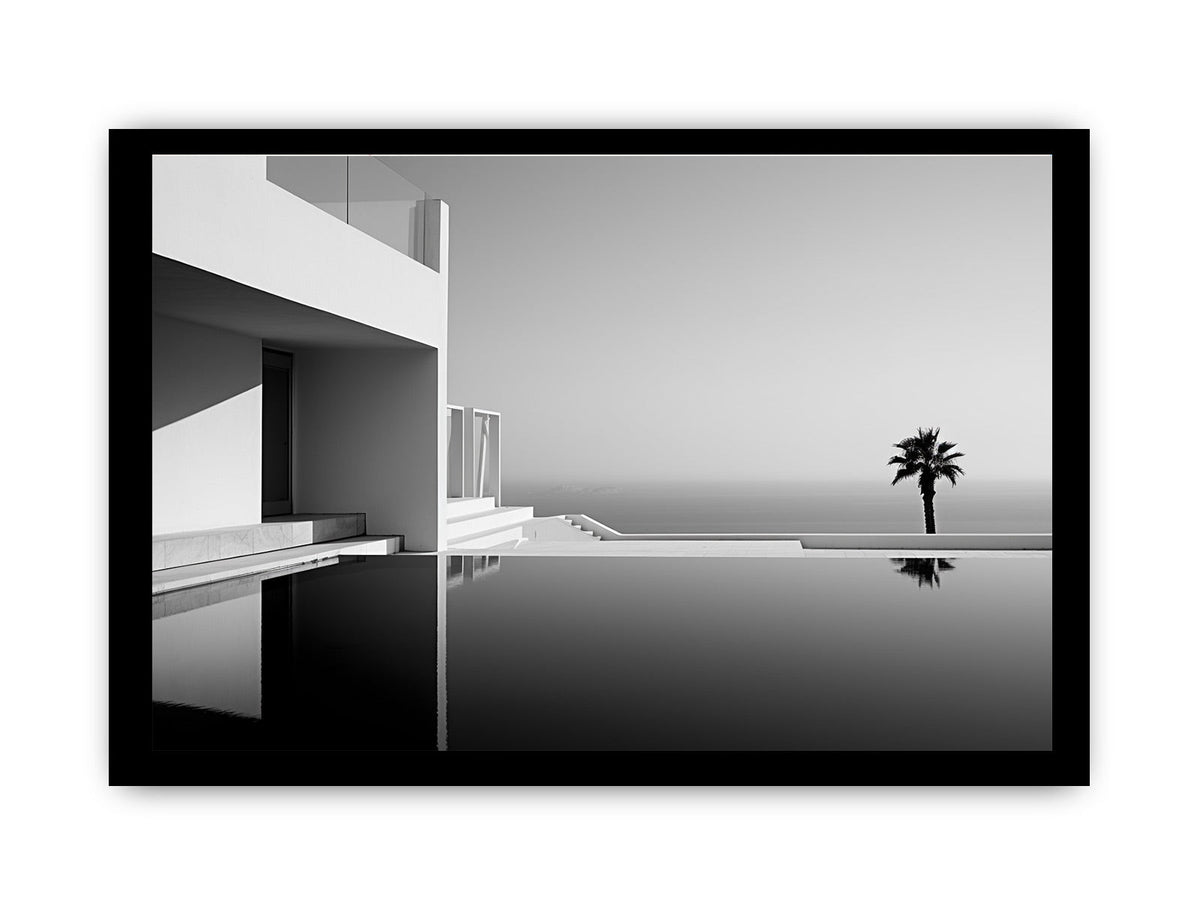 Minimal black and white coastal villa canvas art for modern living room decor.