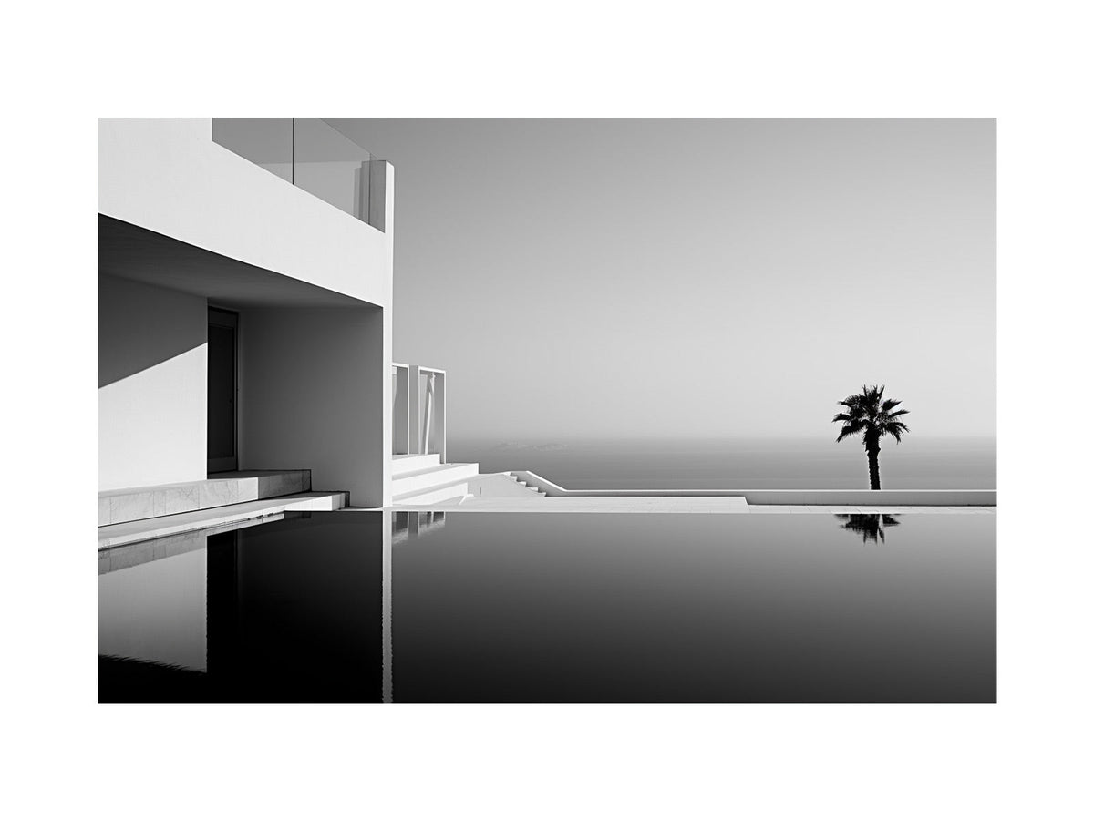 Minimal black and white coastal villa canvas art for modern living room decor.
