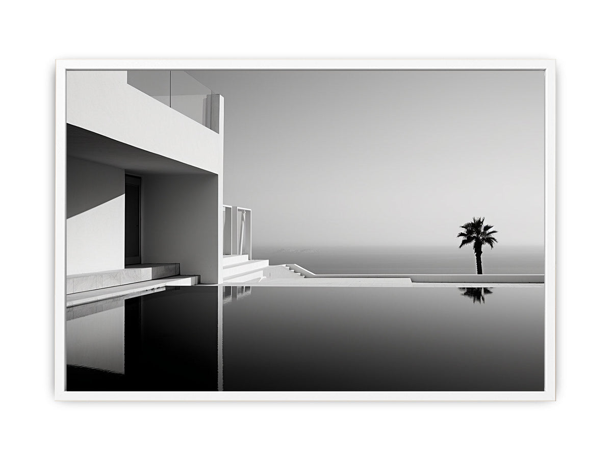 Minimal black and white coastal villa canvas art for modern living room decor.