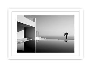 Minimal black and white coastal villa canvas art for modern living room decor.