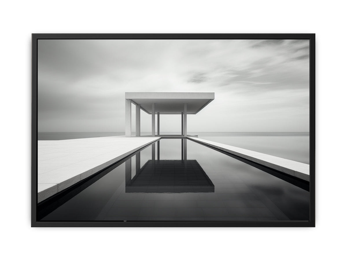 Black and white minimalist pool pavilion artwork for contemporary living room decor.
