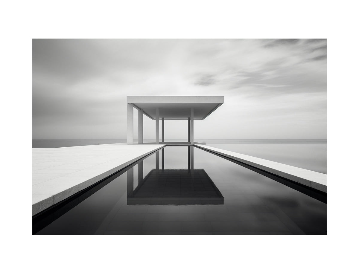 Black and white minimalist pool pavilion artwork for contemporary living room decor.
