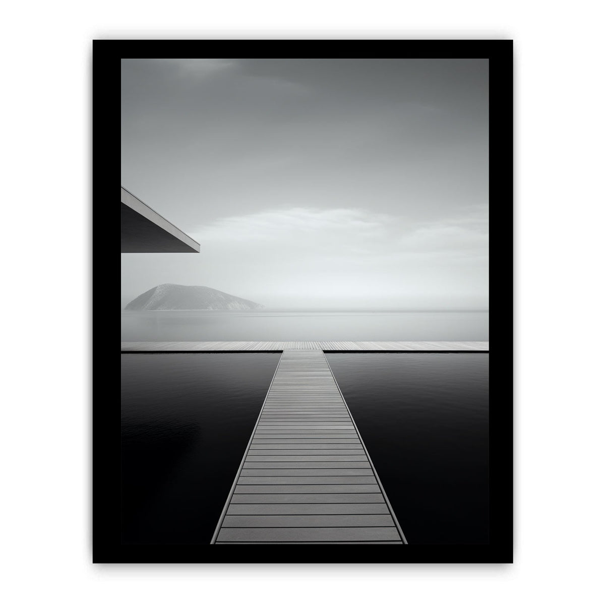 Minimal black and white jetty and ocean canvas art for peaceful bedroom styling.