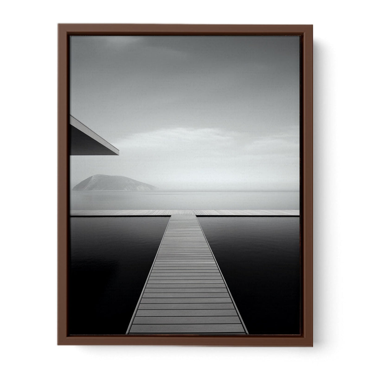Minimal black and white jetty and ocean canvas art for peaceful bedroom styling.
