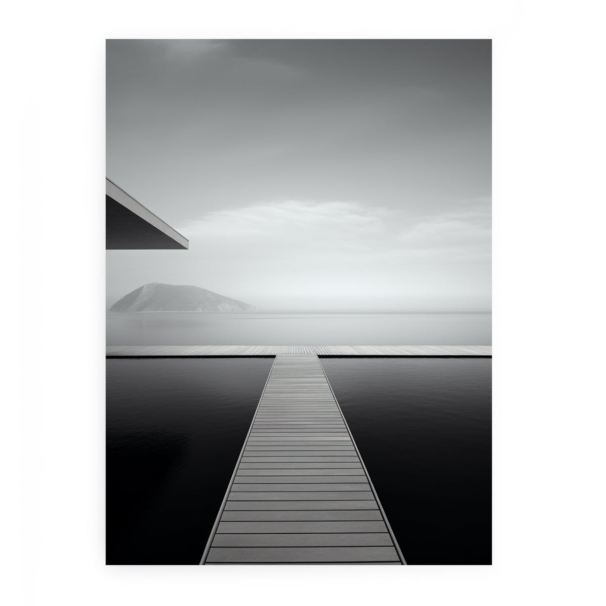 Minimal black and white jetty and ocean canvas art for peaceful bedroom styling.