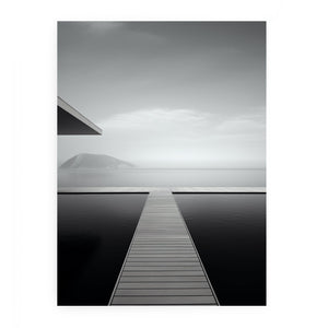 Minimal black and white jetty and ocean canvas art for peaceful bedroom styling.