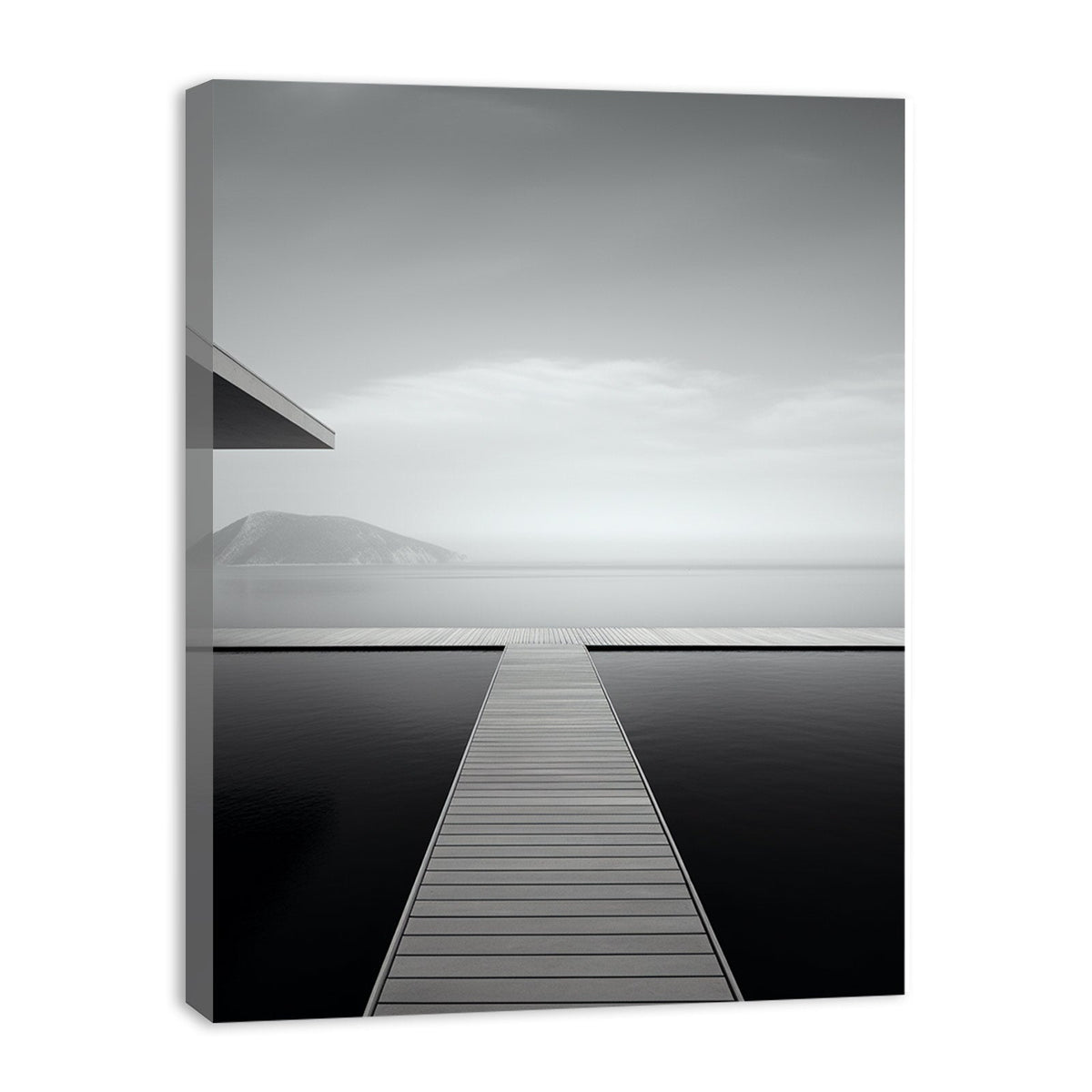 Minimal black and white jetty and ocean canvas art for peaceful bedroom styling.