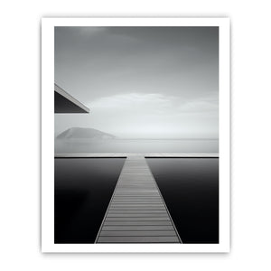Minimal black and white jetty and ocean canvas art for peaceful bedroom styling.