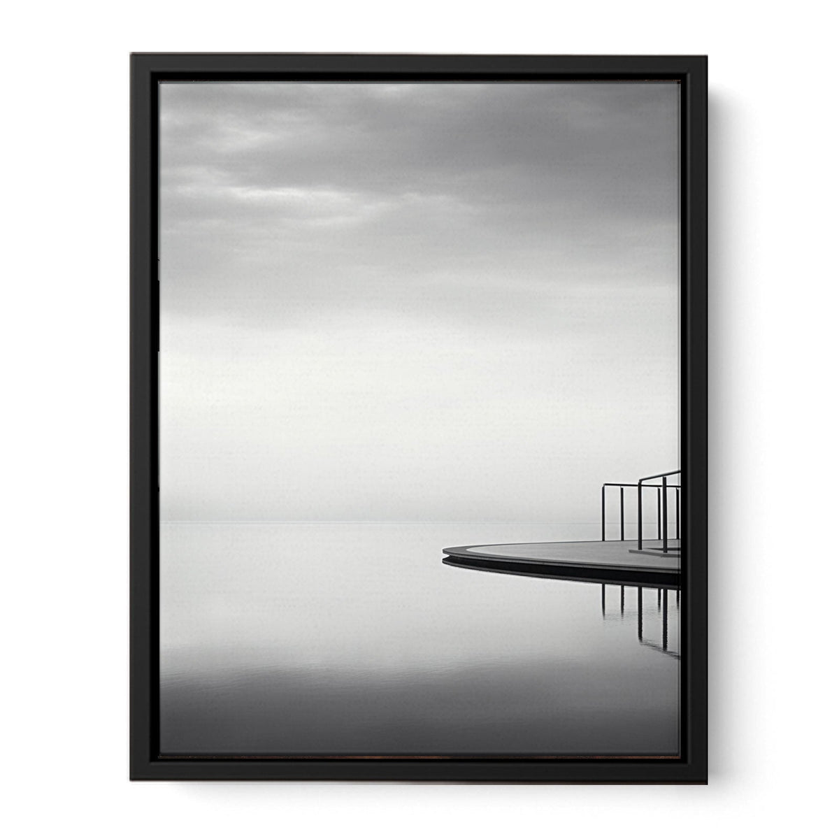 Minimal ocean platform canvas art in soft black and white for modern interiors.