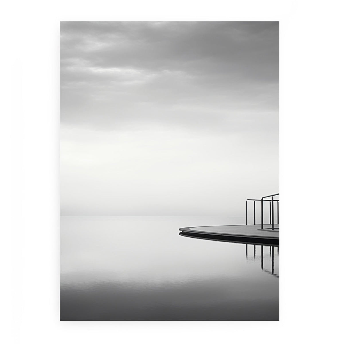 Minimal ocean platform canvas art in soft black and white for modern interiors.