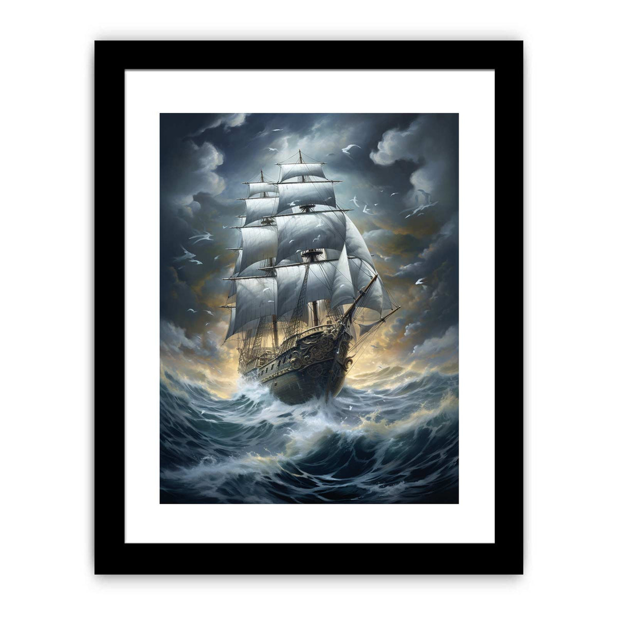 Dramatic sailing ship storm artwork for nautical living room wall decor.