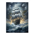 Dramatic sailing ship storm artwork for nautical living room wall decor.