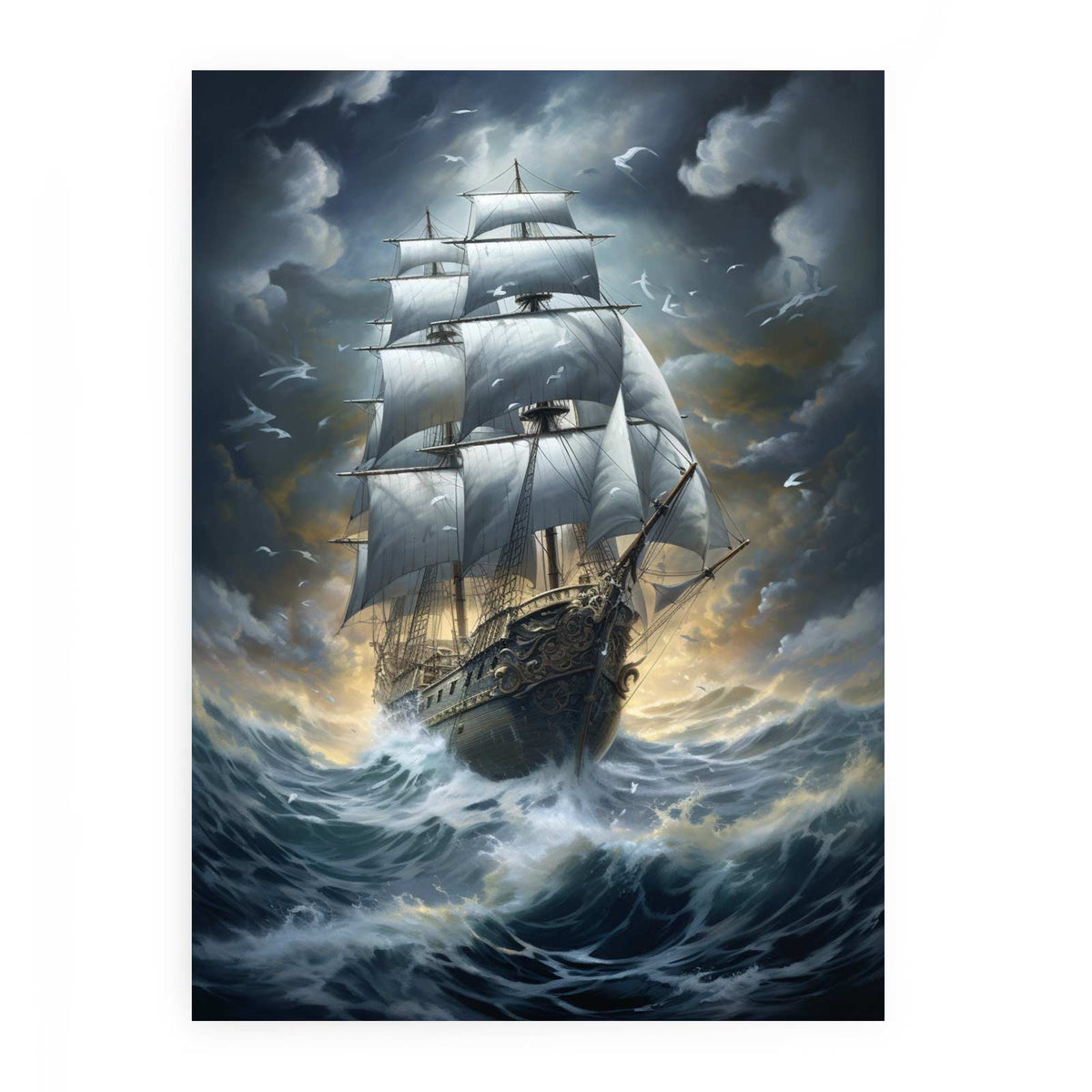 Dramatic sailing ship storm artwork for nautical living room wall decor.