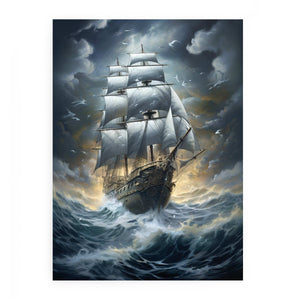 Dramatic sailing ship storm artwork for nautical living room wall decor.