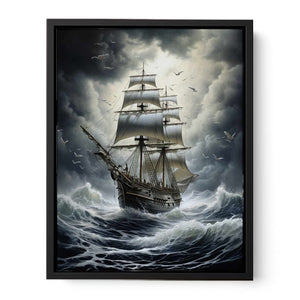 Moody tall ship storm canvas art for nautical office and living room decor.