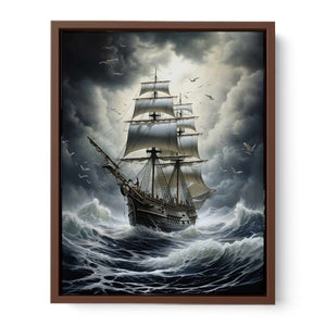 Moody tall ship storm canvas art for nautical office and living room decor.