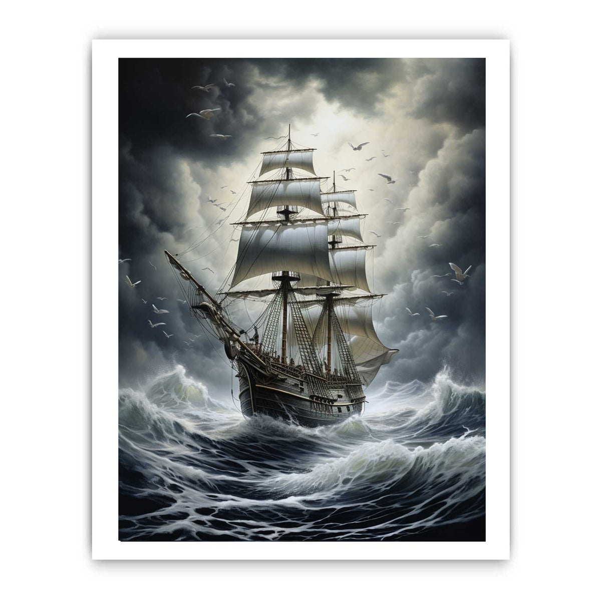 Moody tall ship storm canvas art for nautical office and living room decor.