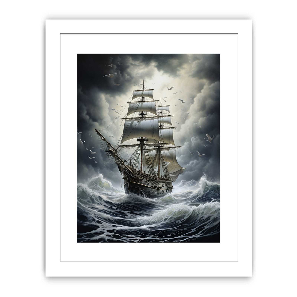 Moody tall ship storm canvas art for nautical office and living room decor.