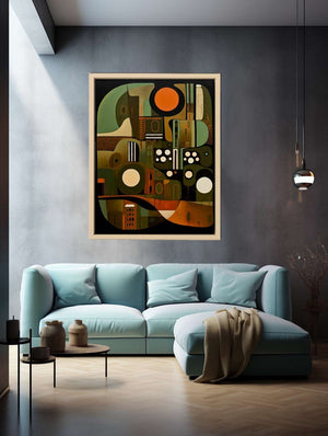Abstract bronze and olive geometric canvas art for modern luxury interiors.