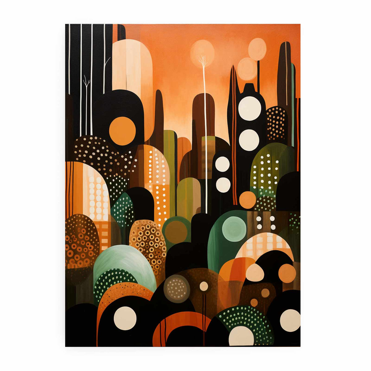 Orange green abstract city canvas print for bold contemporary wall decor.