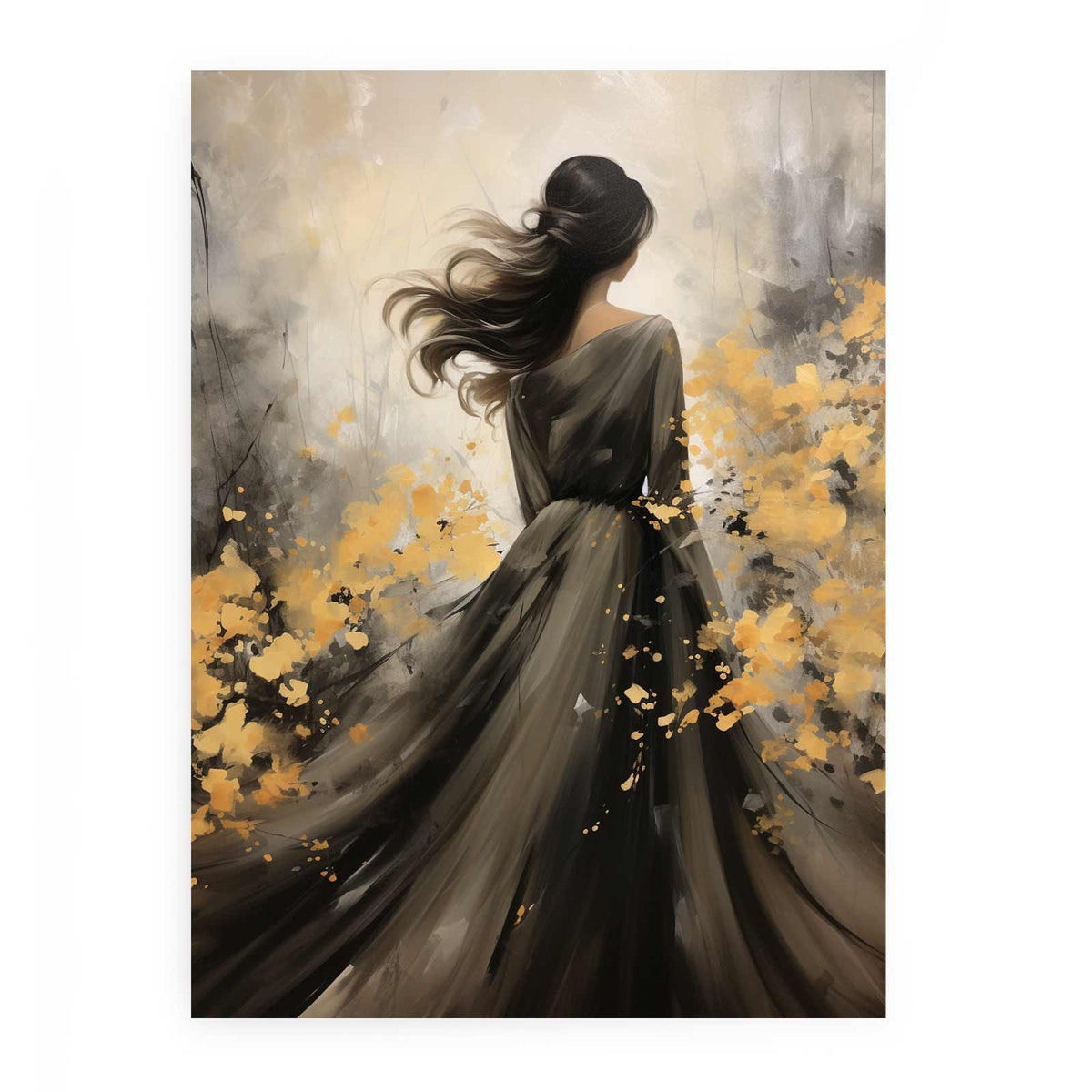 Elegant woman in black dress canvas art with gold floral abstract details.