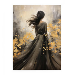 Elegant woman in black dress canvas art with gold floral abstract details.