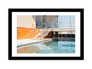 Modern pool staircase canvas art with blue water and orange architectural accents.