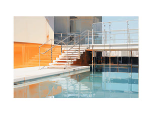 Modern pool staircase canvas art with blue water and orange architectural accents.