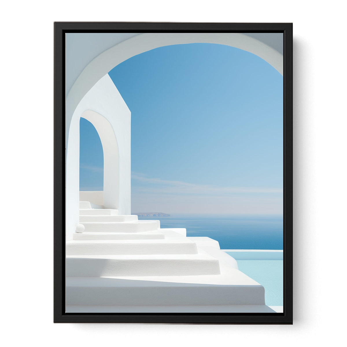 Santorini white steps and blue sea canvas art for Mediterranean decor.