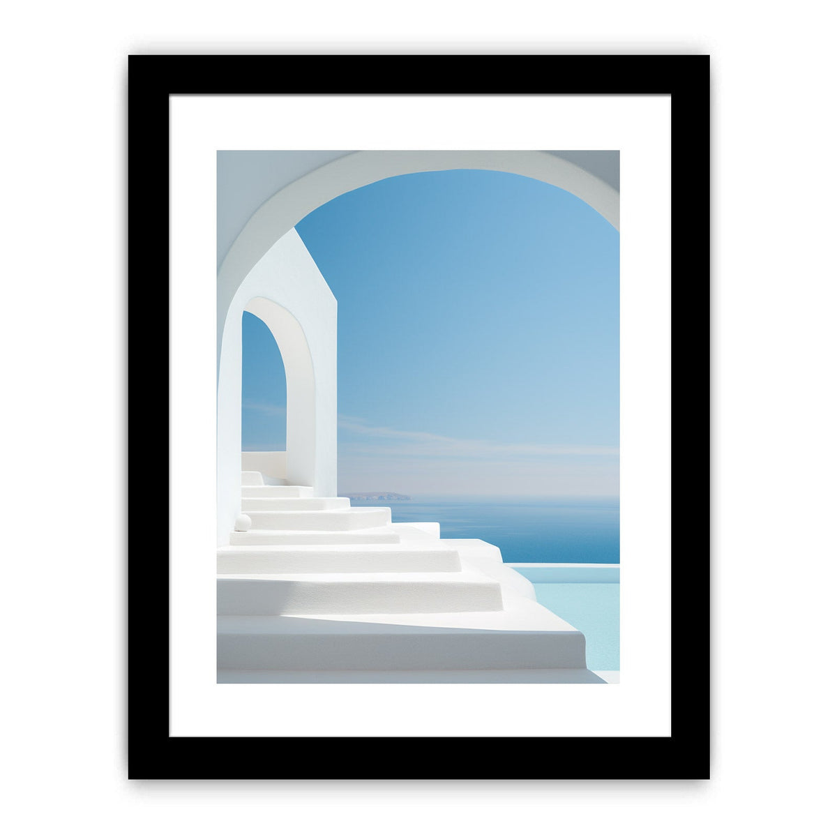 Santorini white steps and blue sea canvas art for Mediterranean decor.