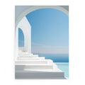 Santorini white steps and blue sea canvas art for Mediterranean decor.