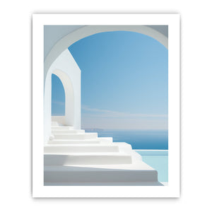 Santorini white steps and blue sea canvas art for Mediterranean decor.