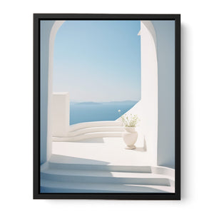 White Mediterranean archway with ocean view canvas art for serene coastal room decor.