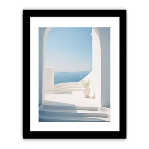 White Mediterranean archway with ocean view canvas art for serene coastal room decor.