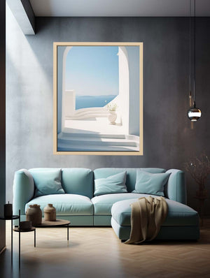 White Mediterranean archway with ocean view canvas art for serene coastal room decor.